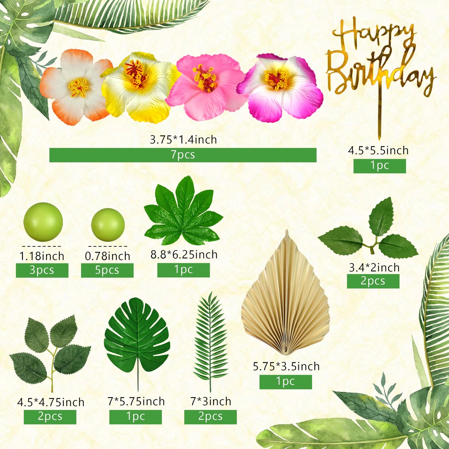 25 Pcs Flower Cake Topper Hawaiian Cake Decorations With Palm Leaves Hibiscus Flowers Balls For Hawaii Aloha Jungle Summer Theme