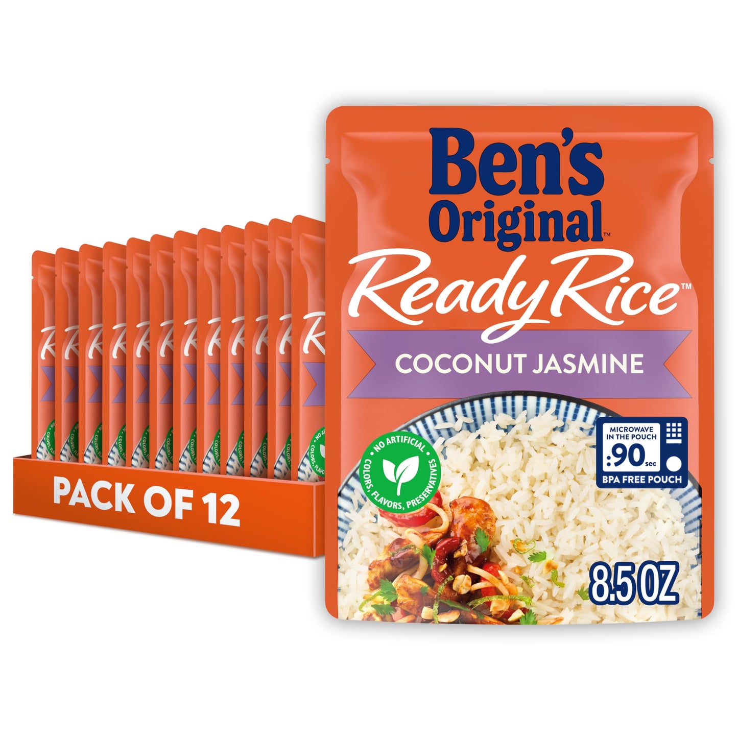 BEN S ORIGINAL Ready Rice Coconut Jasmine Flavored Rice, Easy Dinner Side, 8.5 oz Pouch (Pack of 12)