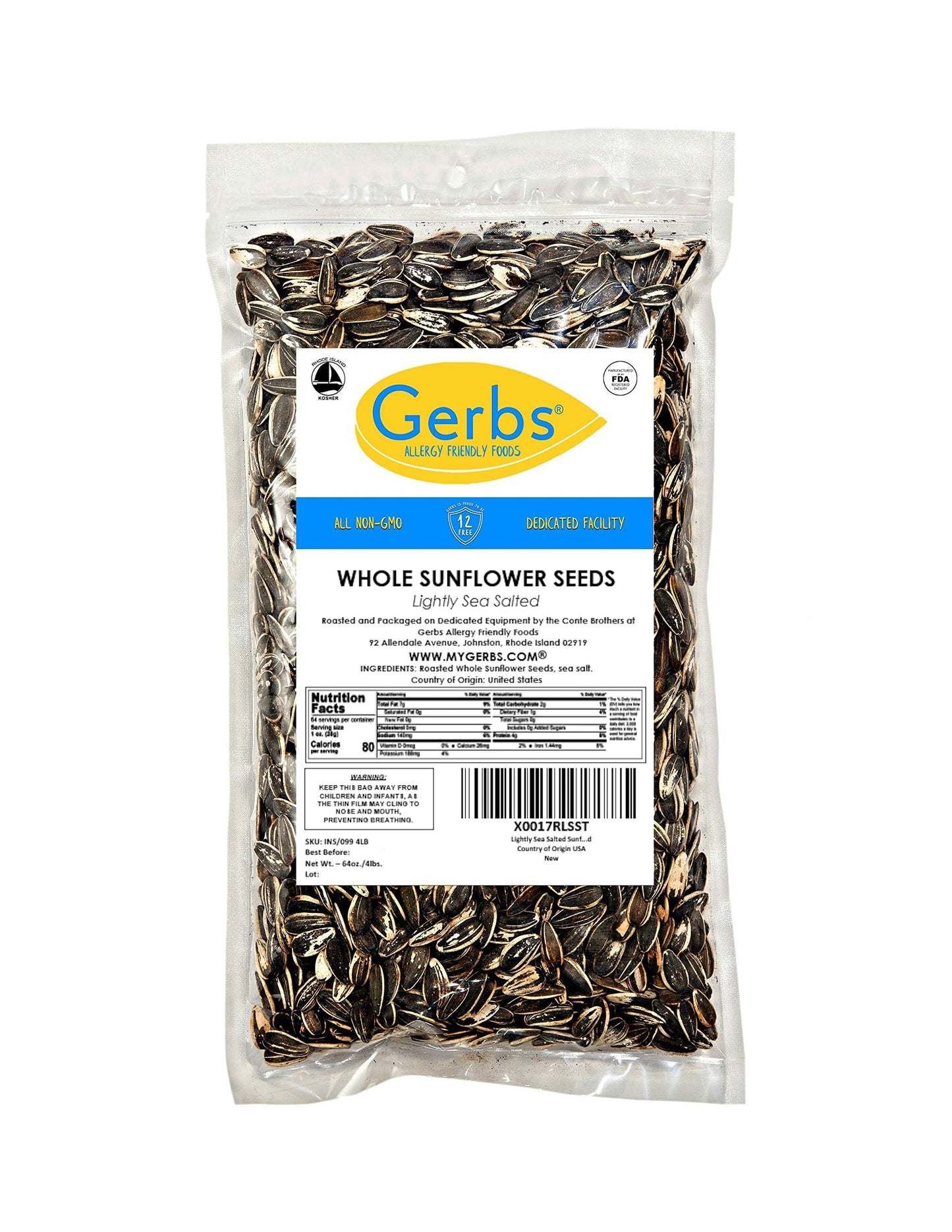 GERBS Lightly Sea Salted Sunflower Seeds in Shell - 4 LBS - Non GMO, Allergen Free