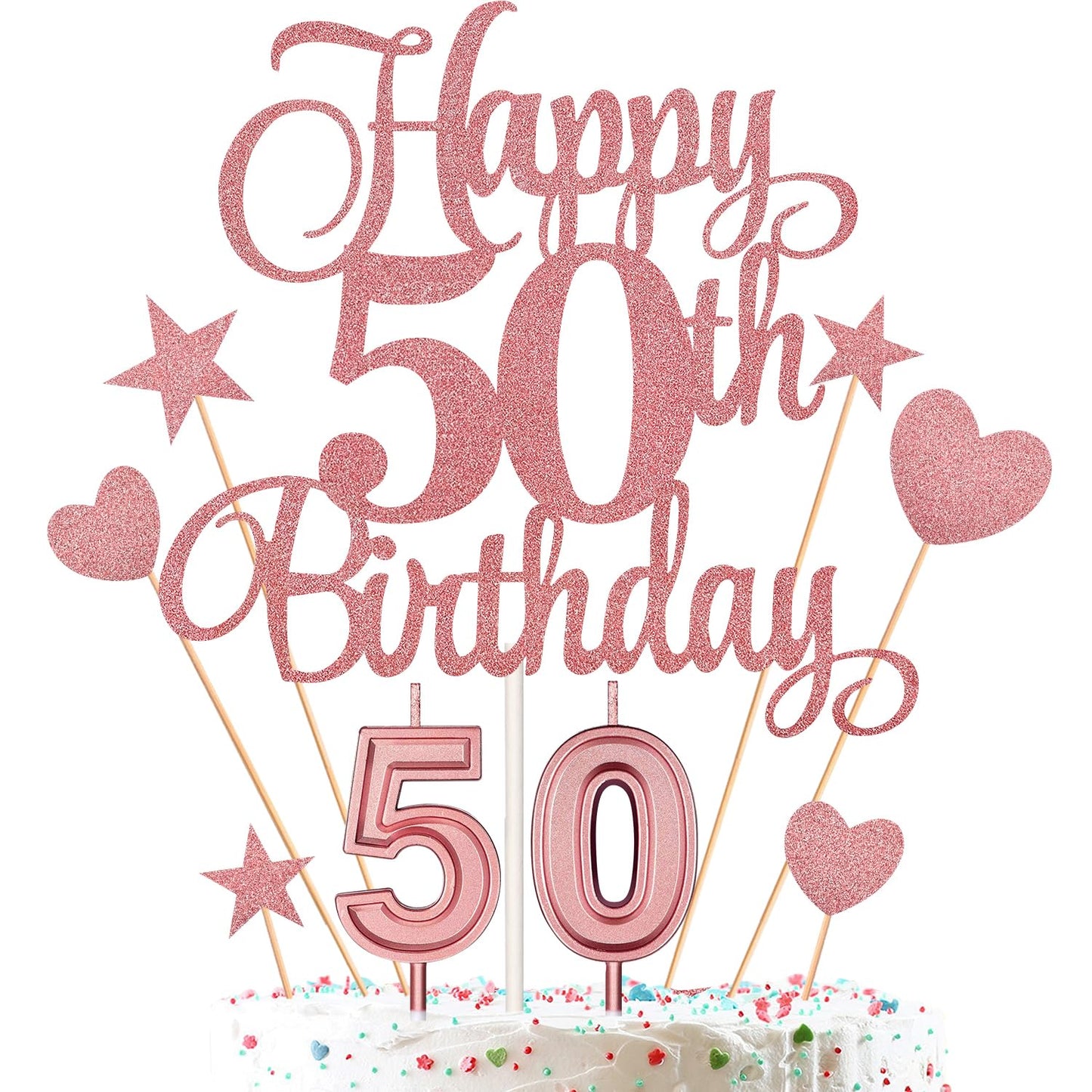 HOGRTi 50th Birthday Cake Decorations Set, Rose Gold, Includes Candles and Toppers, Model 50