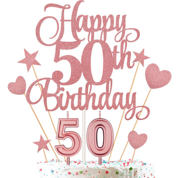 HOGRTi 50th Birthday Cake Decorations Set, Rose Gold, Includes Candles and Toppers, Model 50