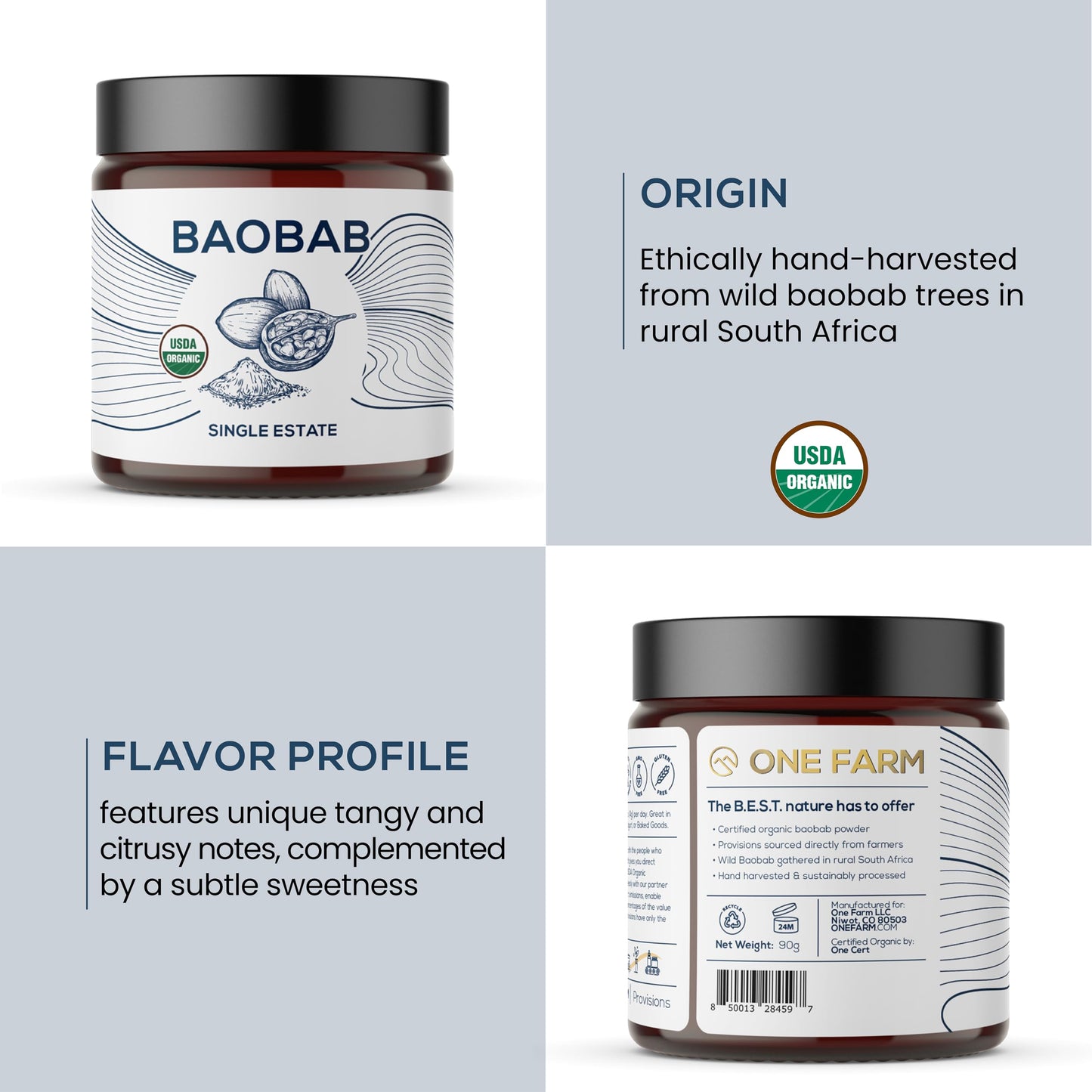 One Farm by WAAYB Organic Baobab Powder - Non-GMO, Fair-Trade, Vegan, Gluten Free, Premium Quality, 100% South African, Resealable Jar