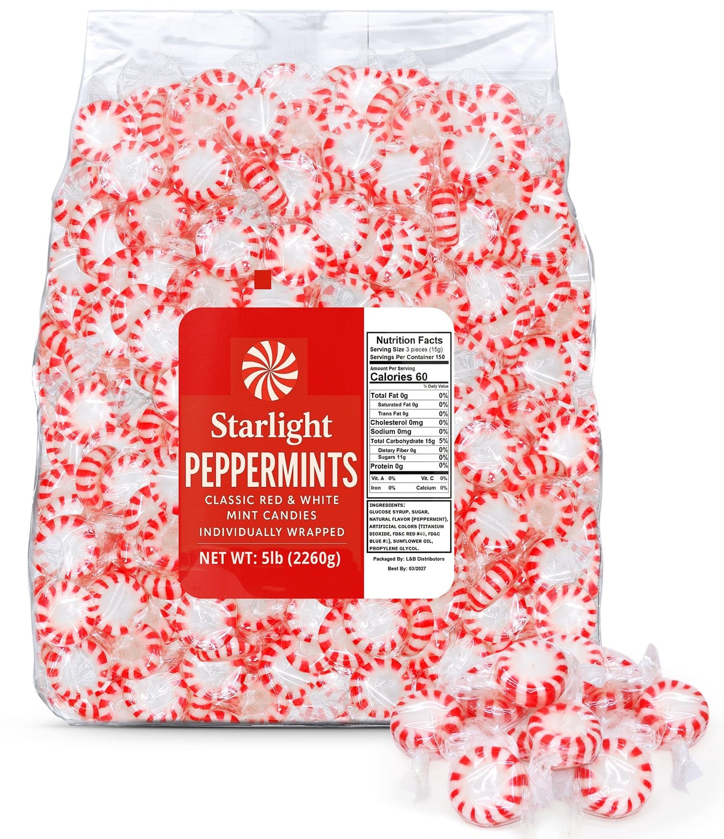 GEEOOLLAH Starlight Peppermint Candy - Bulk Hard Mints, Individually Wrapped, 5 Pound, Classic Red & White, Approx 400 Pieces