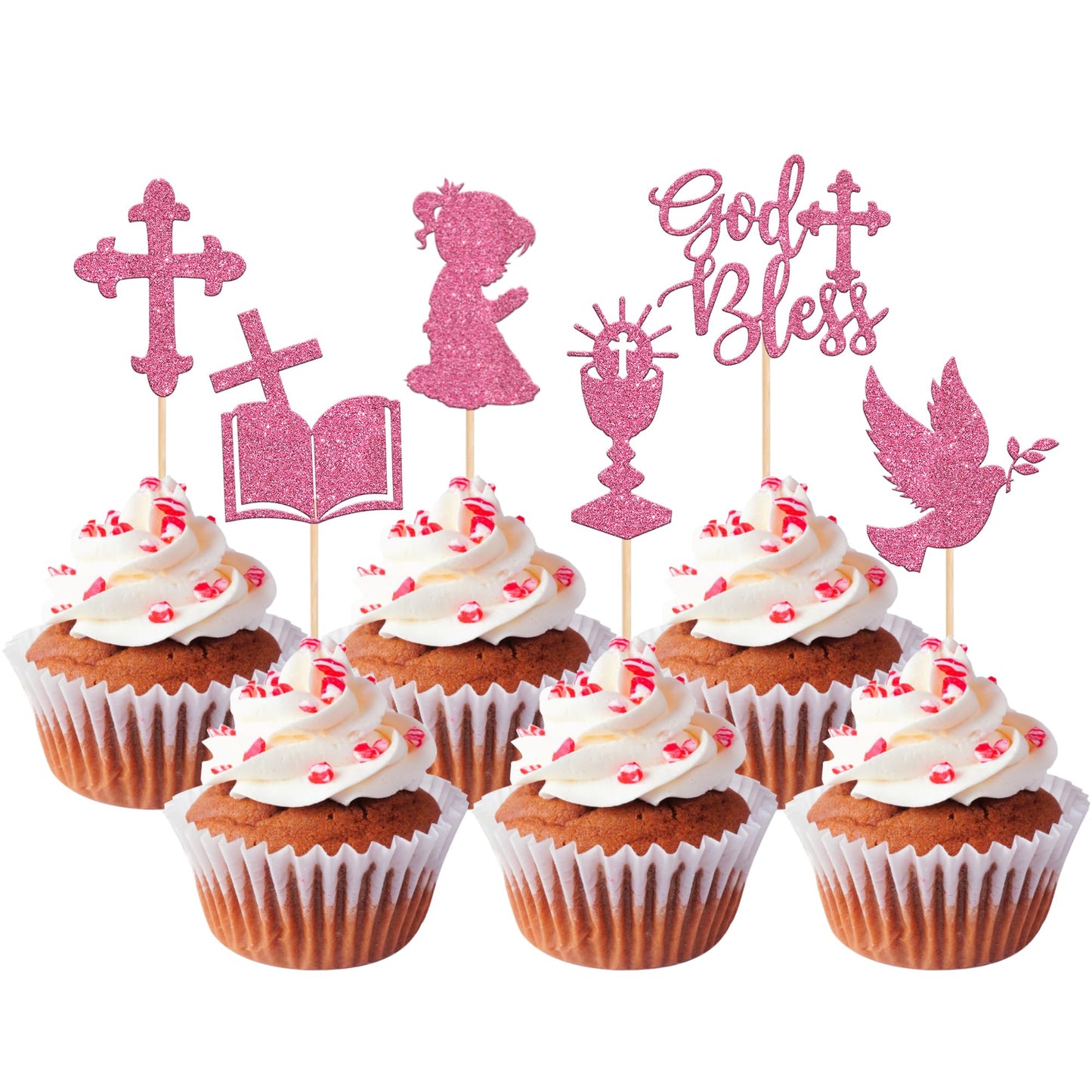 ZHUOWEISM 24 PCS Cupcake Toppers Glitter Dove Chalice Bible Cross First Communion Theme Small Pink Bamboo
