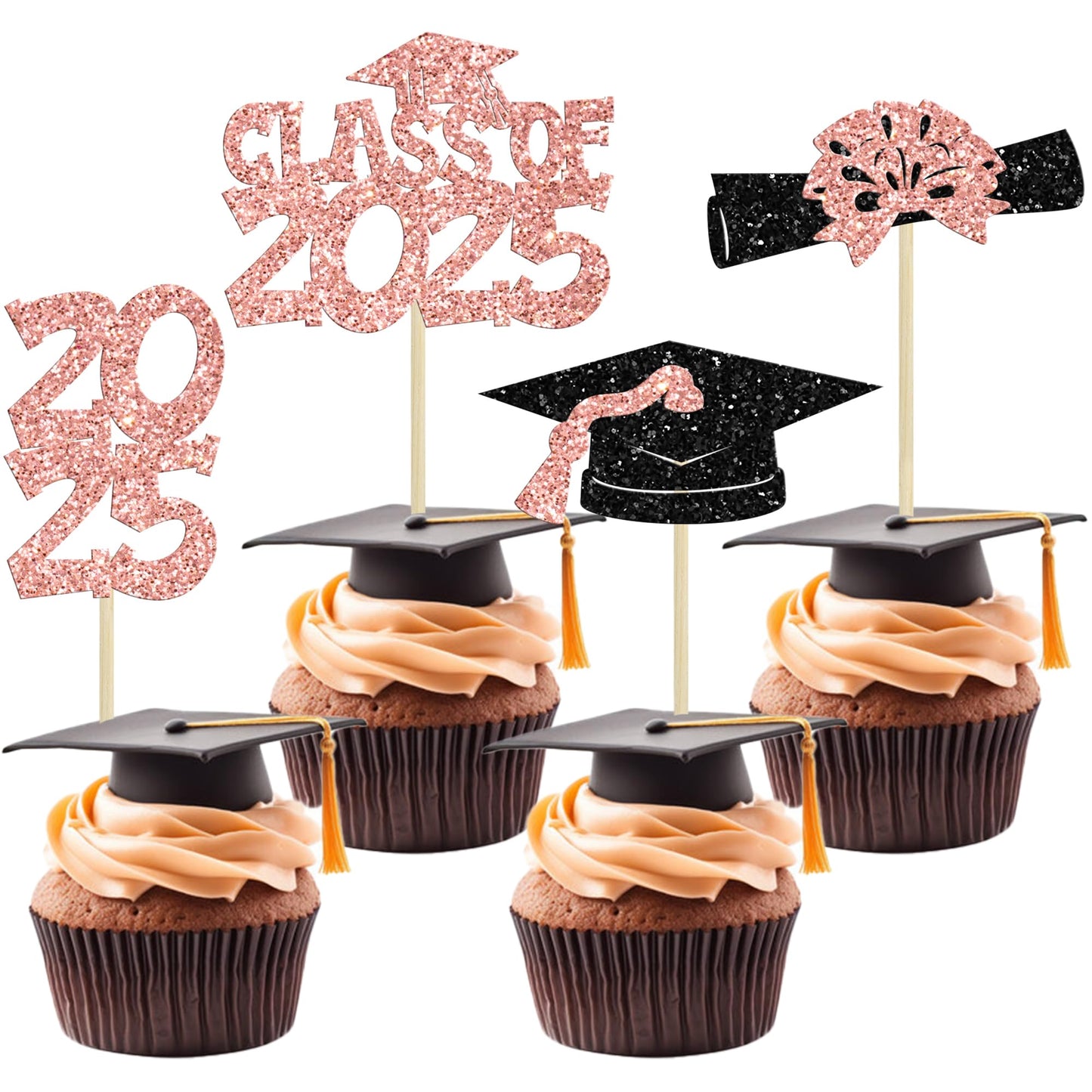 Ephlyn Graduation Cupcake Toppers - 36Pcs Rose Gold Class of 2025 Decor for Graduation Theme Party