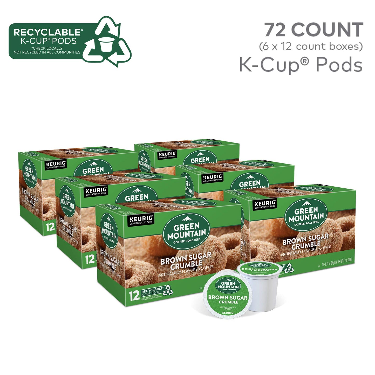 Green Mountain Coffee Roasters Brown Sugar Crumble Keurig Single-Serve K-Cup Pods, Medium Roast Coffee, 72 Count (6 Packs Of 12)