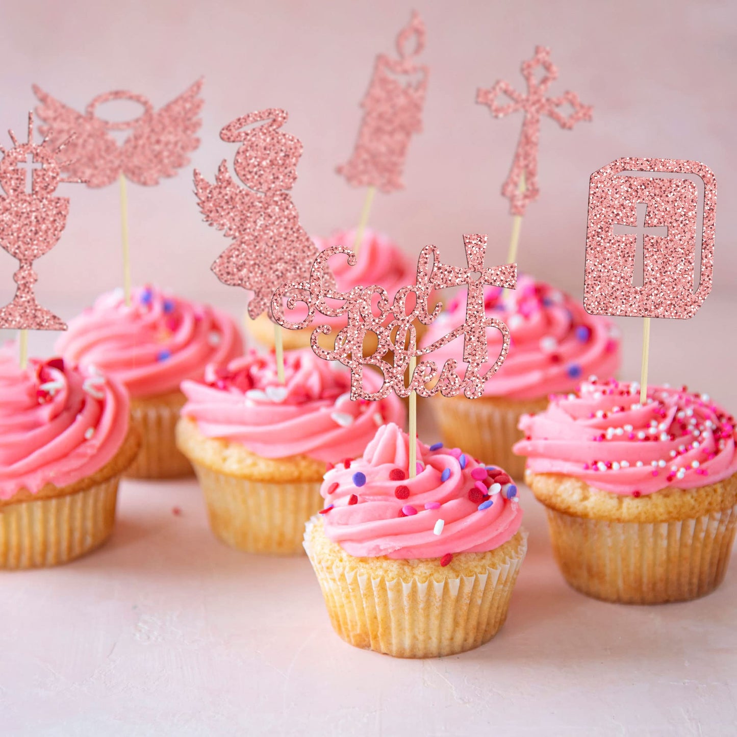 Gyufise 28Pcs God Bless Cupcake Toppers Rose Gold Glitter Girls Baptism Cupcake Toppers Angel Chalice Bible Cross Cake Decoratio