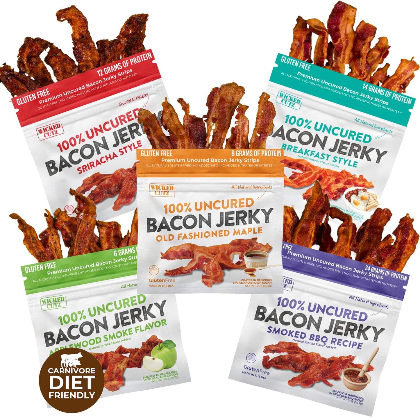 Bacon Jerky Variety Pack & Jerky Gift Basket for Men | Tender  Flavorful  Easy to Chew Craft Jerky w/up to 24g Protein Per Bag  Carnivore Diet  High Protein  Healthy Snack for mature-themeds (5 Bags)