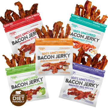 Bacon Jerky Variety Pack & Jerky Gift Basket for Men | Tender  Flavorful  Easy to Chew Craft Jerky w/up to 24g Protein Per Bag  Carnivore Diet  High Protein  Healthy Snack for mature-themeds (5 Bags)