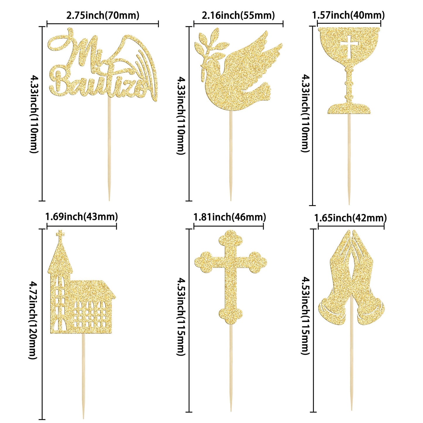 Gyufise Gold Cupcake Toppers, Glitter Cross Angel Dove Decorations, 24Pcs, Paper, Small, God Bless Theme for Baptism & Baby Shower