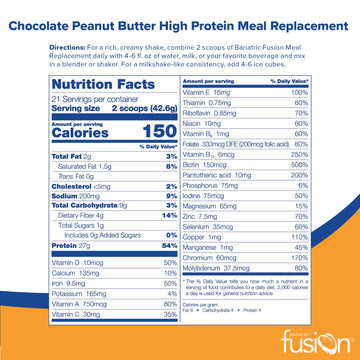 Bariatric Fusion Meal Replacement Protein 21 Serving Tub Chocolate Peanut Butter for Bariatric Surgery Patients Including Gastri