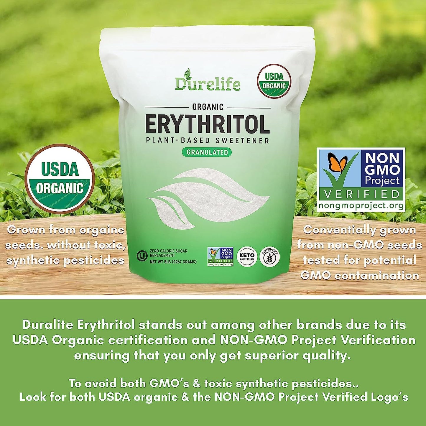DureLife Erythritol Sweetener, Organic, Non-GMO, Keto Certified, Zero Calorie, 5 LB, Pack of 1