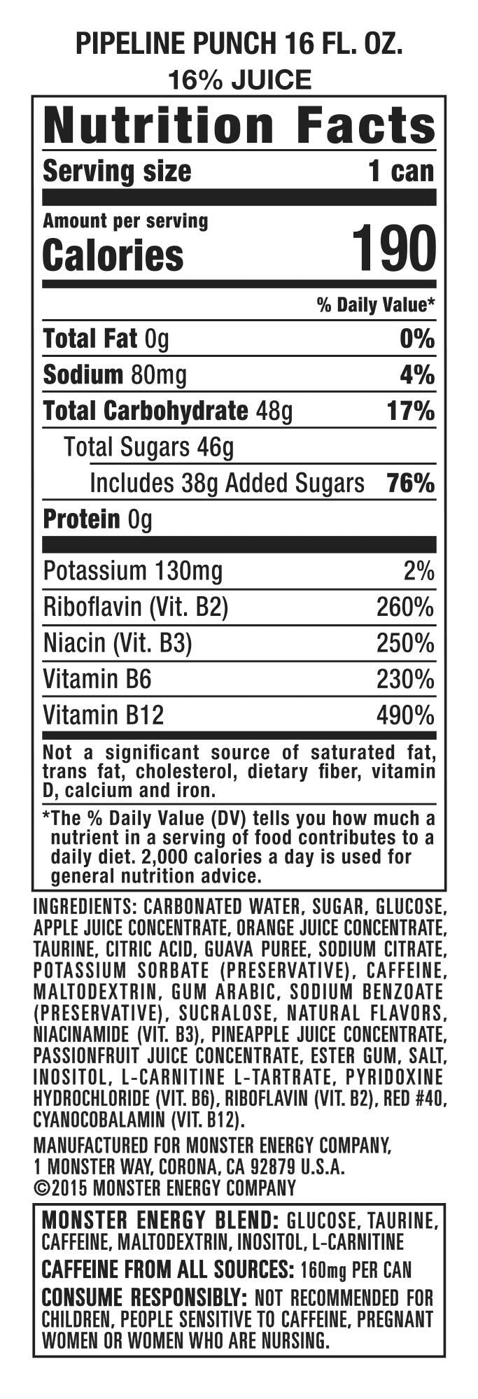 Monster Energy Juice Pipeline Punch, Energy + Juice, Energy Drink, 16 Ounce (Pack Of 15)
