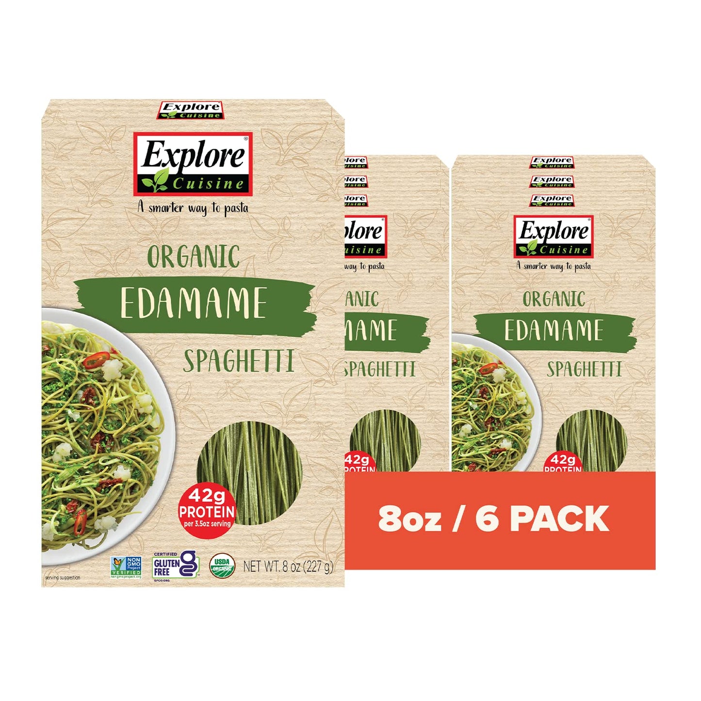 Explore Cuisine Organic Edamame Spaghetti - Pack of 6 (8 oz) - Easy-to-Make Gluten Free Pasta - High in Plant Protein & Fiber - 
