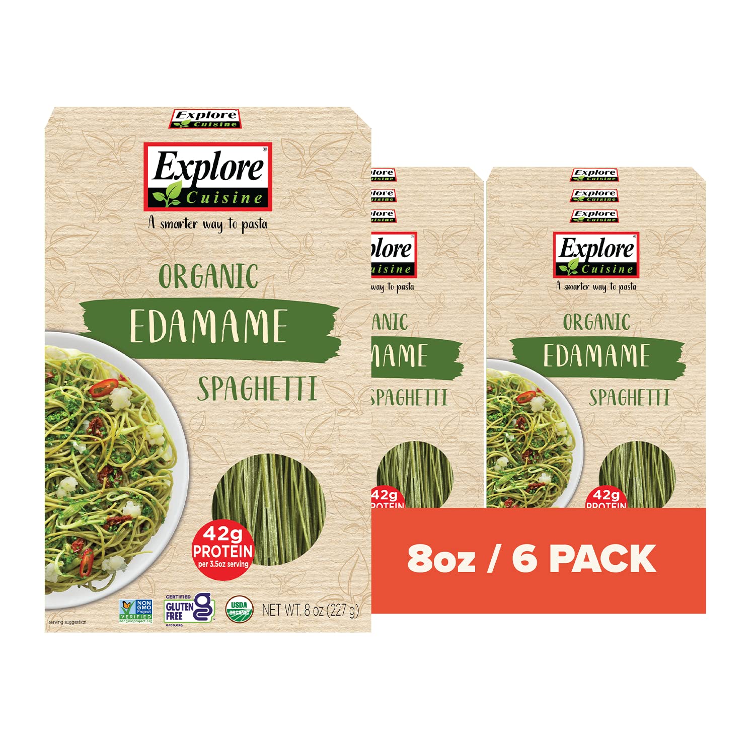 Explore Cuisine Organic Edamame Spaghetti - Pack of 6 (8 oz) - Easy-to-Make Gluten Free Pasta - High in Plant Protein & Fiber - 