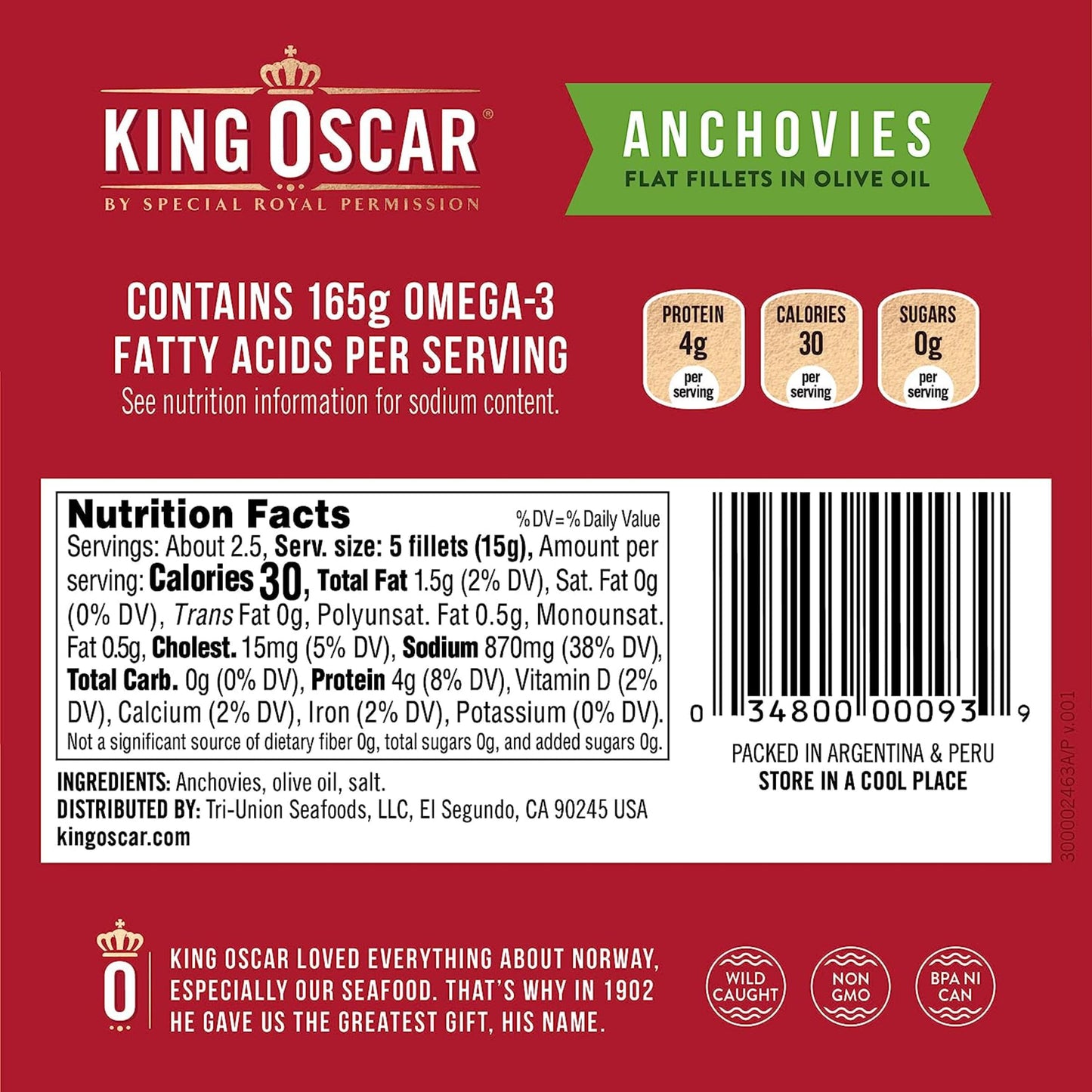 King Oscar Anchovies (Flat) 2 Oz Can (Pack Of 4)