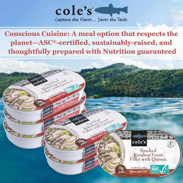 Coles Smoked Rainbow Trout Fillet with Quinoa - 5.6 oz Canned Meal, 6 Pack, 19g Protein, High in Vitamin D