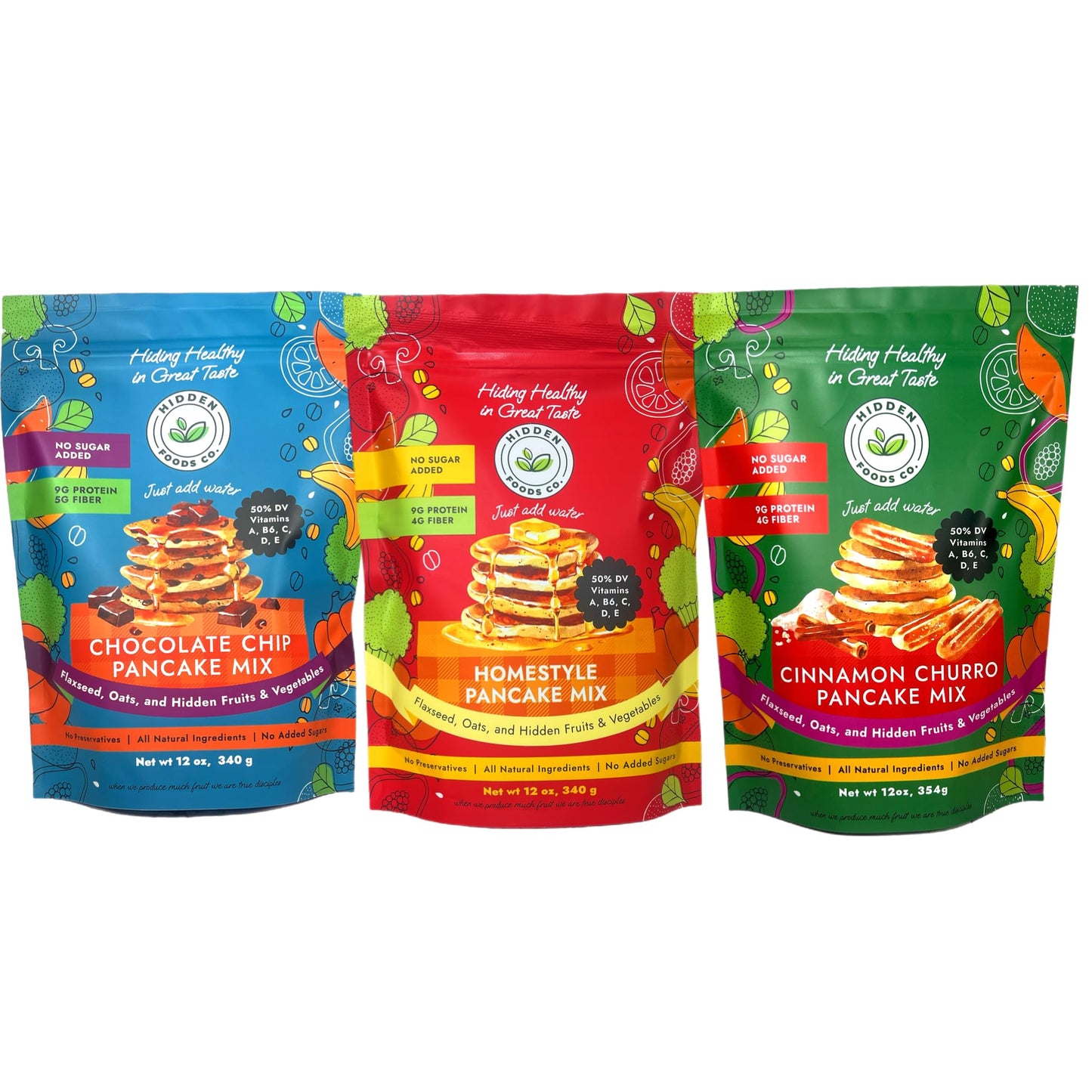 Hidden Foods Variety Pancake Mix 3-Pack | Cinnamon Churro  Homestyle & Chocolate Pancake Mixes | Protein & Fiber  Made With Natural Ingredients  Fruits  Vegetables  Wheat & Oat Flour | Just Add Water