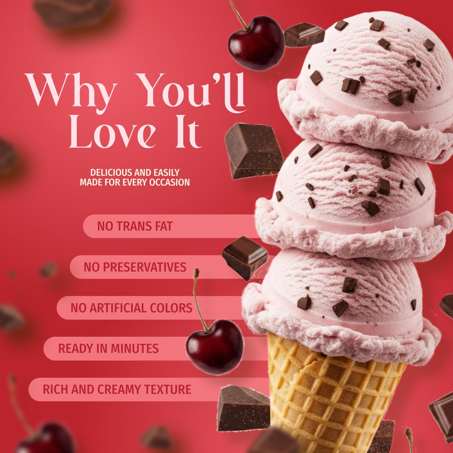 Triple Scoop Premium Cherry Chocolate Chip Ice Cream Starter Mix, 2 Boxes (13.1 oz each), Makes 4 Quarts, Made in USA