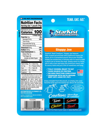 StarKist Beef Creations Sloppy Joe Pouch, 2.6 oz - Convenient Ready-to-Eat Meal