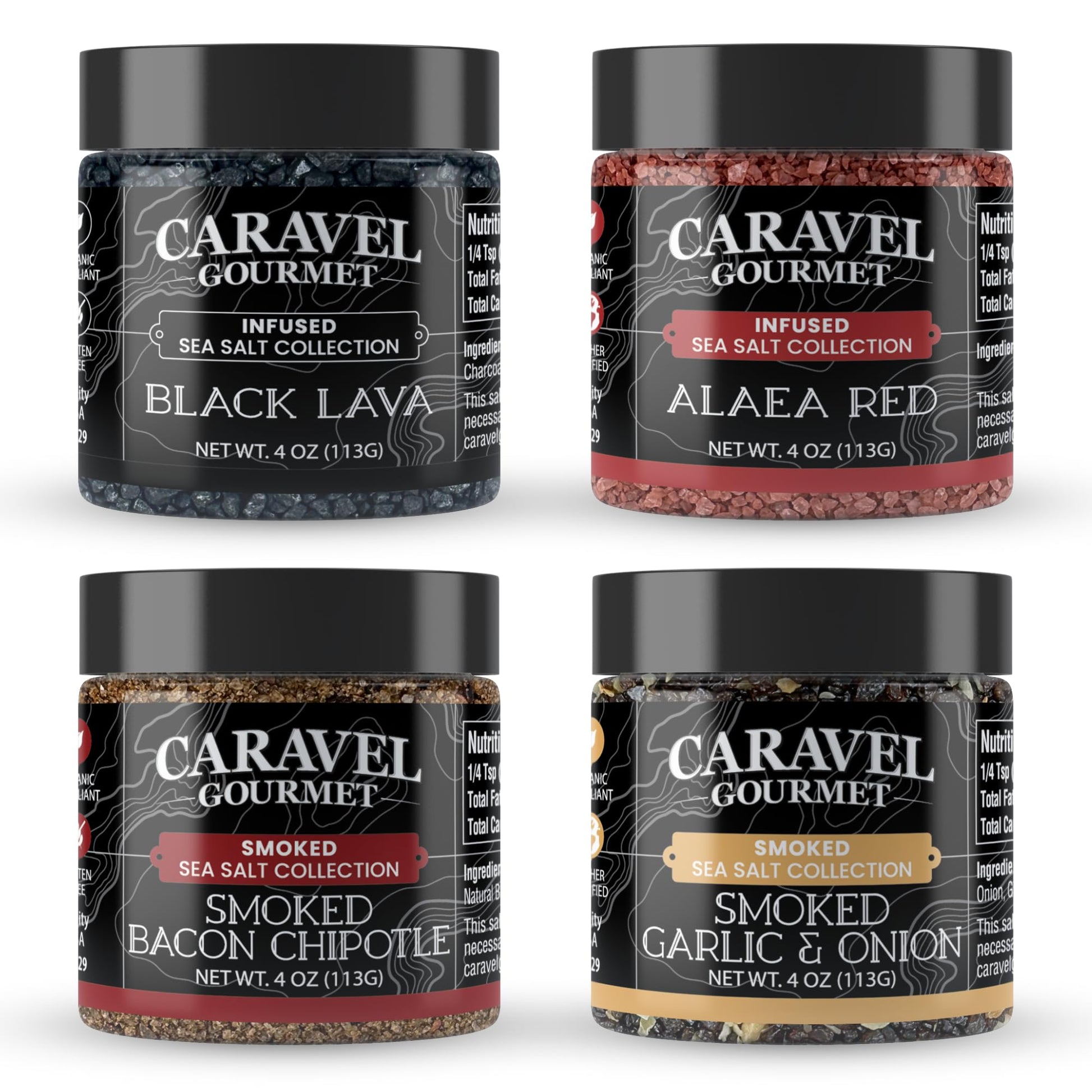 Caravel Gourmet Infused Sea Salt Mega Sampler - Smoked Bacon Chipotle, Salt & Pepper, Garlic Herb, Black Lava - 4 oz Jar 4-Pack