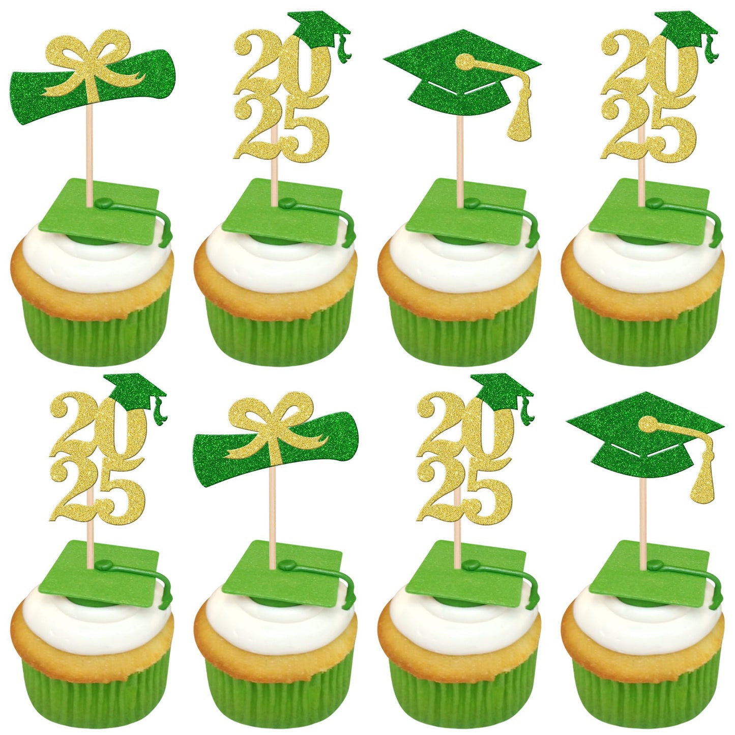 ZHUOWEISM 24 PCS Graduation Cupcake Toppers Glitter Diploma Grad Cap Decorations Gold Green
