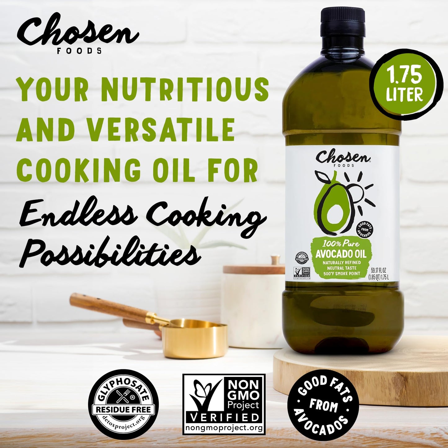 Chosen Foods 100% Pure Avocado Oil for Cooking - 1.75L with Recipe eBook Bundle - Made With Good Fats from Avocados  Naturally Refined  Never mature-themederated  High Smoke Point  Non-GMO  Soy-Free  Canola Oil-Free  Gluten-Free  Keto