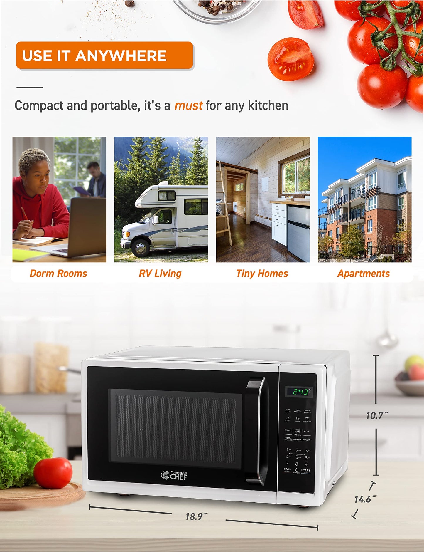 Commercial Chef Small Microwave 09 Cu Ft Countertop Microwave With Digital Display, White Microwave  10 Power Levels, Outstandin