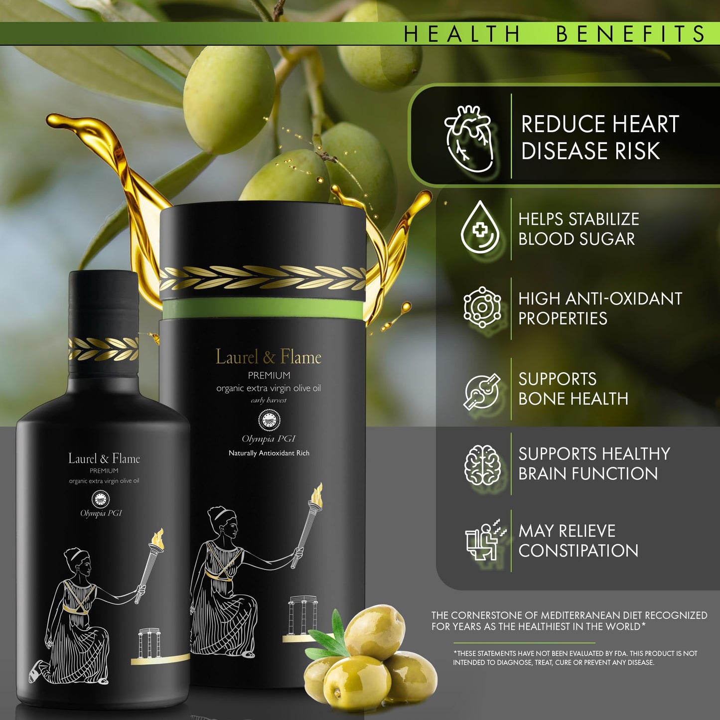 Laurel & Flame Olympia Pgi Olive Oil Extra Virgin - Polyphenol Rich (706 Mg/Kg) - Usda Organic - Multiple Award Winning - 60X Hy