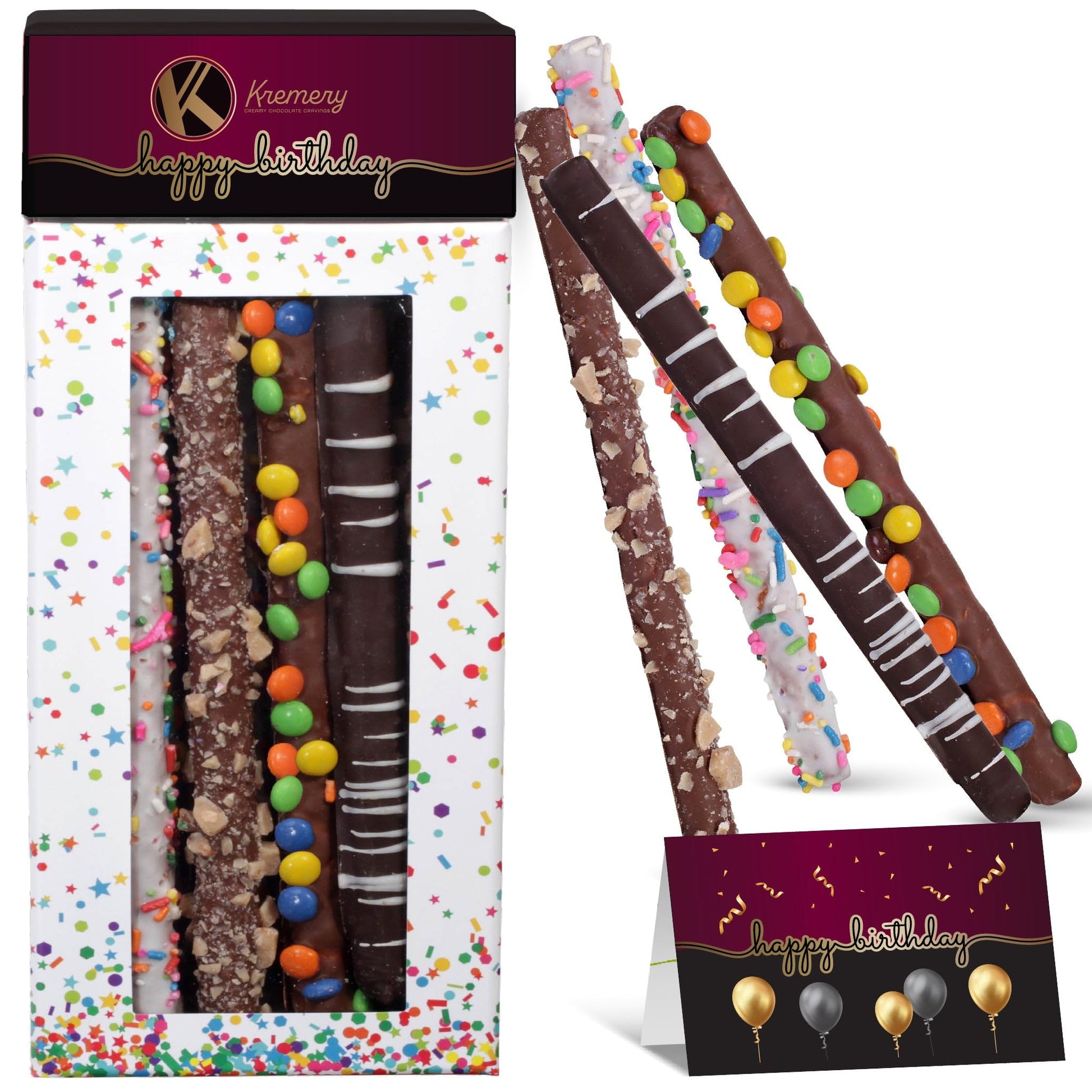Nut Cravings KREMERY Chocolate Covered Pretzel Rods Gift Basket, 10 Piece Set, Assorted Toppings, Birthday Treats, Confetti Tower