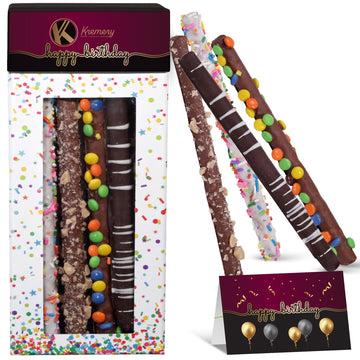 Nut Cravings KREMERY Chocolate Covered Pretzel Rods Gift Basket, 10 Piece Set, Assorted Toppings, Birthday Treats, Confetti Tower