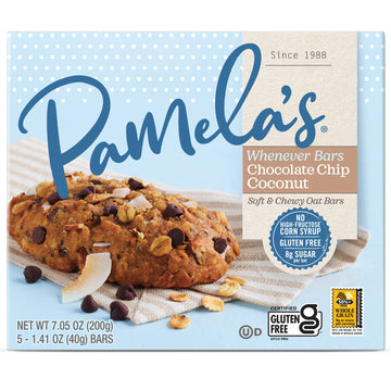 Pamelas Products Gluten Free Whenever Bars, Oat Chocolate Chip Coconut, 7.05 Oz, 5 Count, Pack of 6