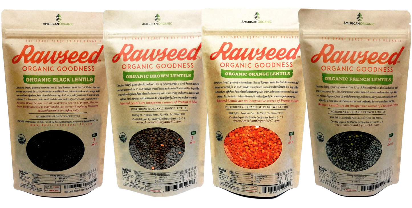 Rawseed Organic Certified lentils Multi-color 2 lb 4 Pack containing: Black, Orange, French, & Brown (1 bag of each). This 4 pac