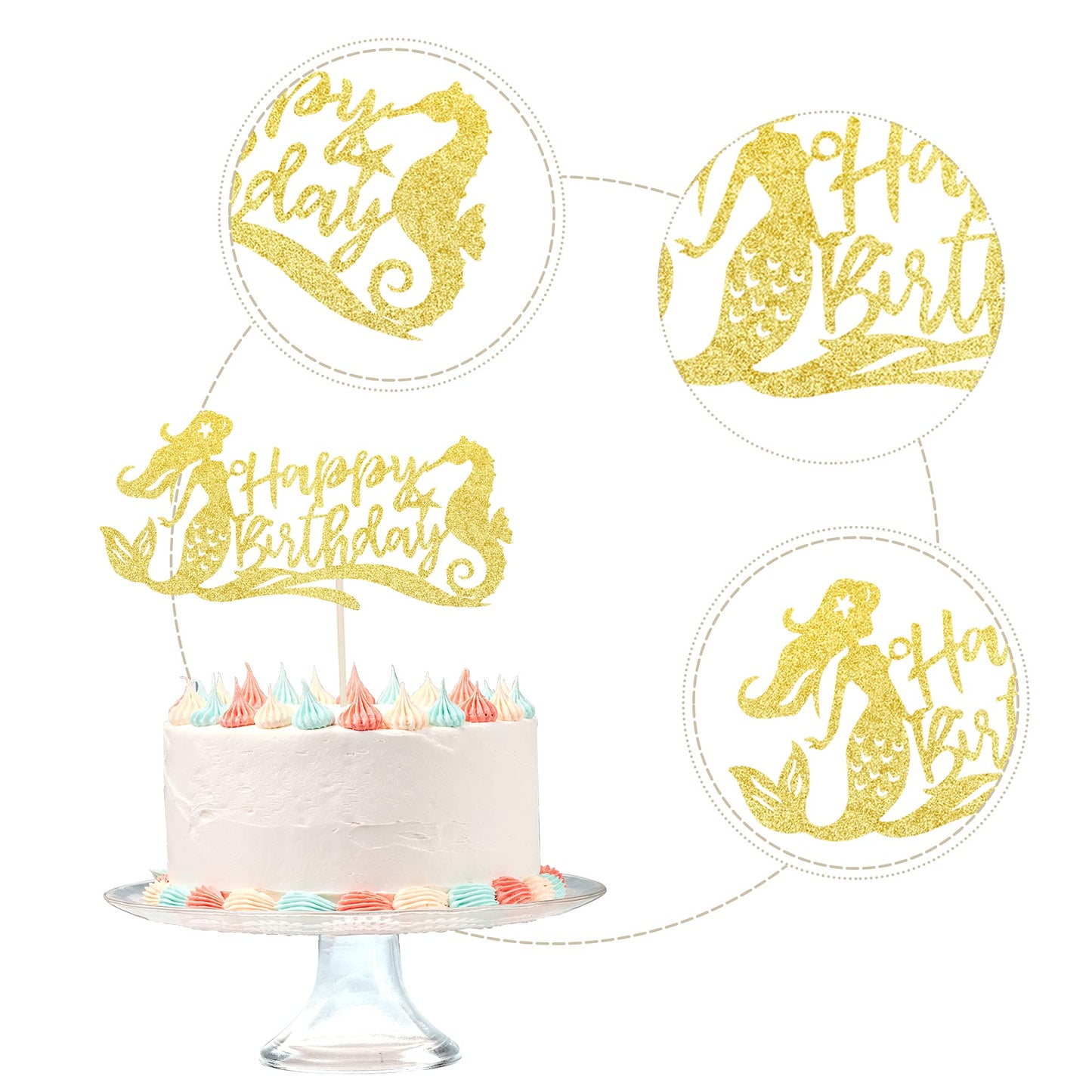 1 Pcs Mermaid Theme Happy Birthday Cake Topper With Seahorse Glitter Under The Sea Cake Pick Decorations For Mermaid Theme Kids