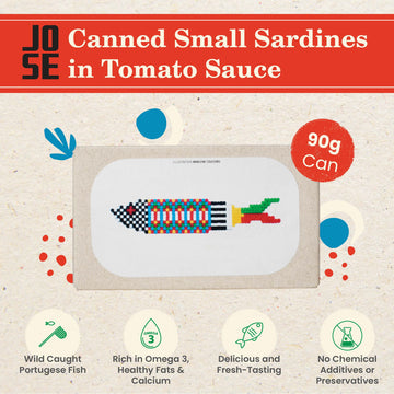 JOSE Gourmet Canned Sardines in Tomato Sauce, Wild Caught, High Protein, Pack of 8, 90g Can