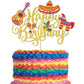 YCTHUNFISH Cake Topper, Happy Birthday Fiesta Theme, Paper & Bamboo, 5.3x8.7 inches, Gold