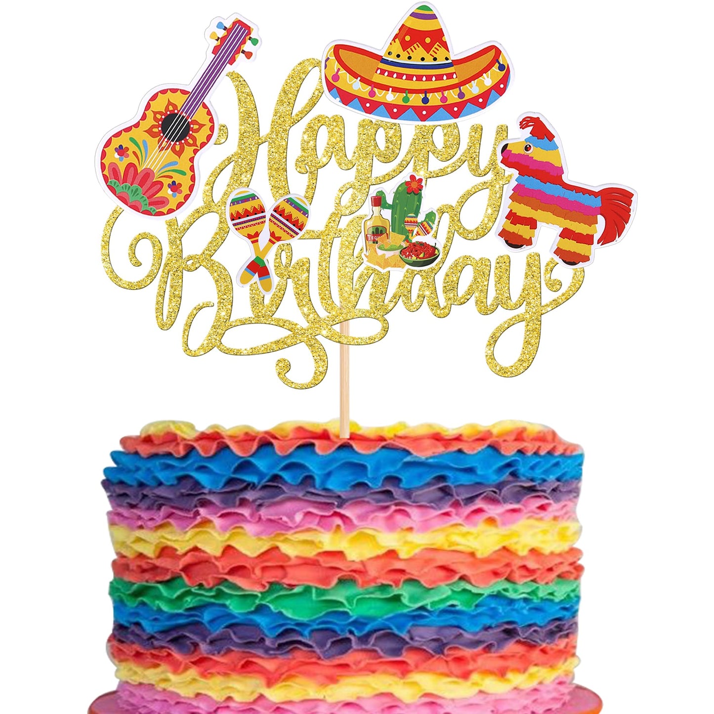 YCTHUNFISH Cake Topper, Happy Birthday Fiesta Theme, Paper & Bamboo, 5.3x8.7 inches, Gold