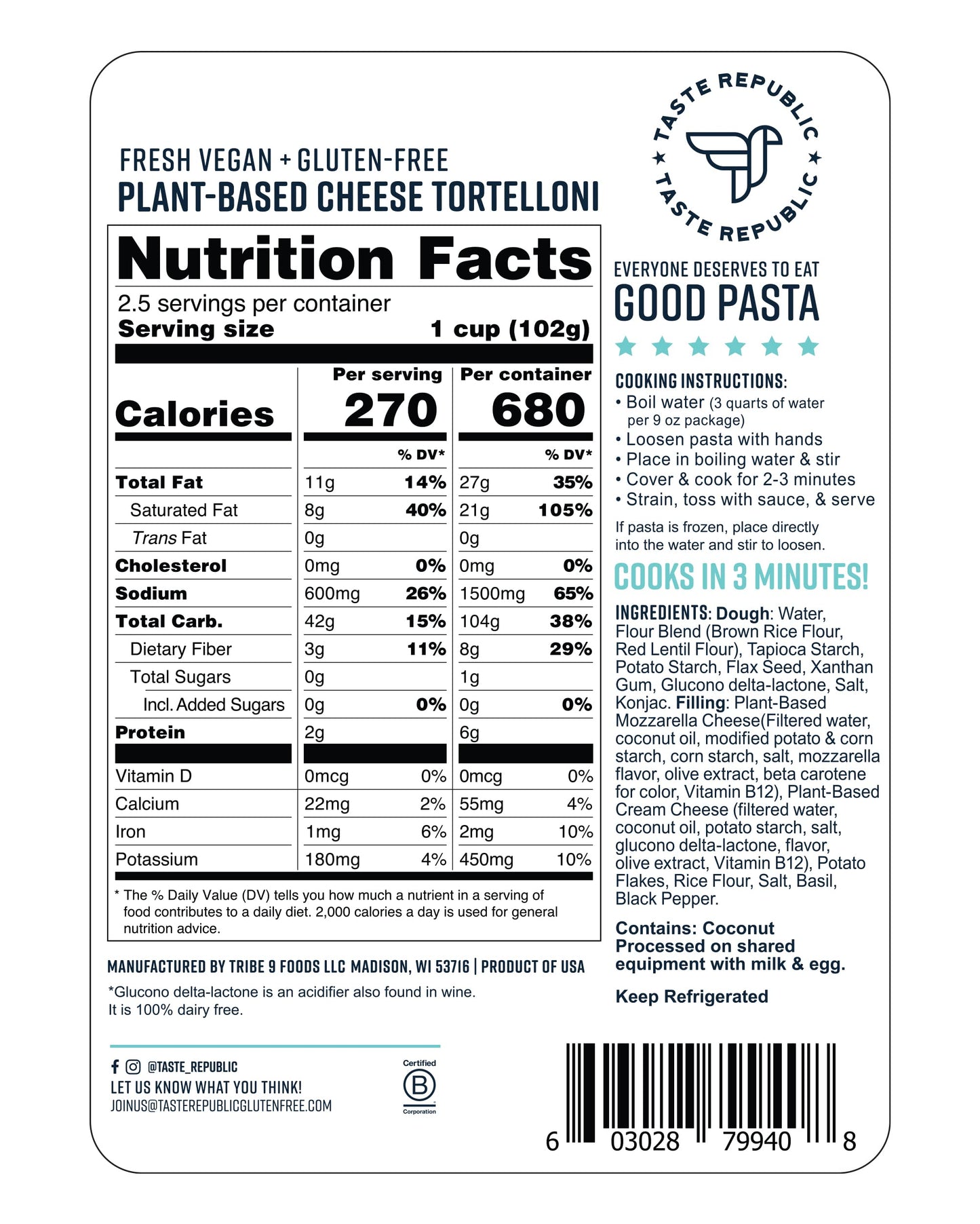 Vegan Tortelloni, Fresh and Frozen Gluten Free Plant-Based Cheese Filled Pasta, Cooks in Just 3 Min, Taste Republic, 9oz (6 Pack