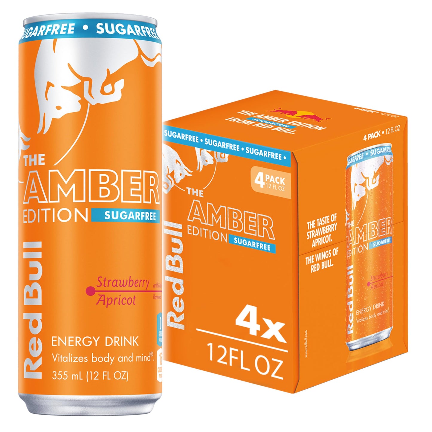 Red Bull Energy Drink Amber Edition Sugar Free, Strawberry Apricot, 12 Fl Oz, Pack of 4 Cans, Model RB243163