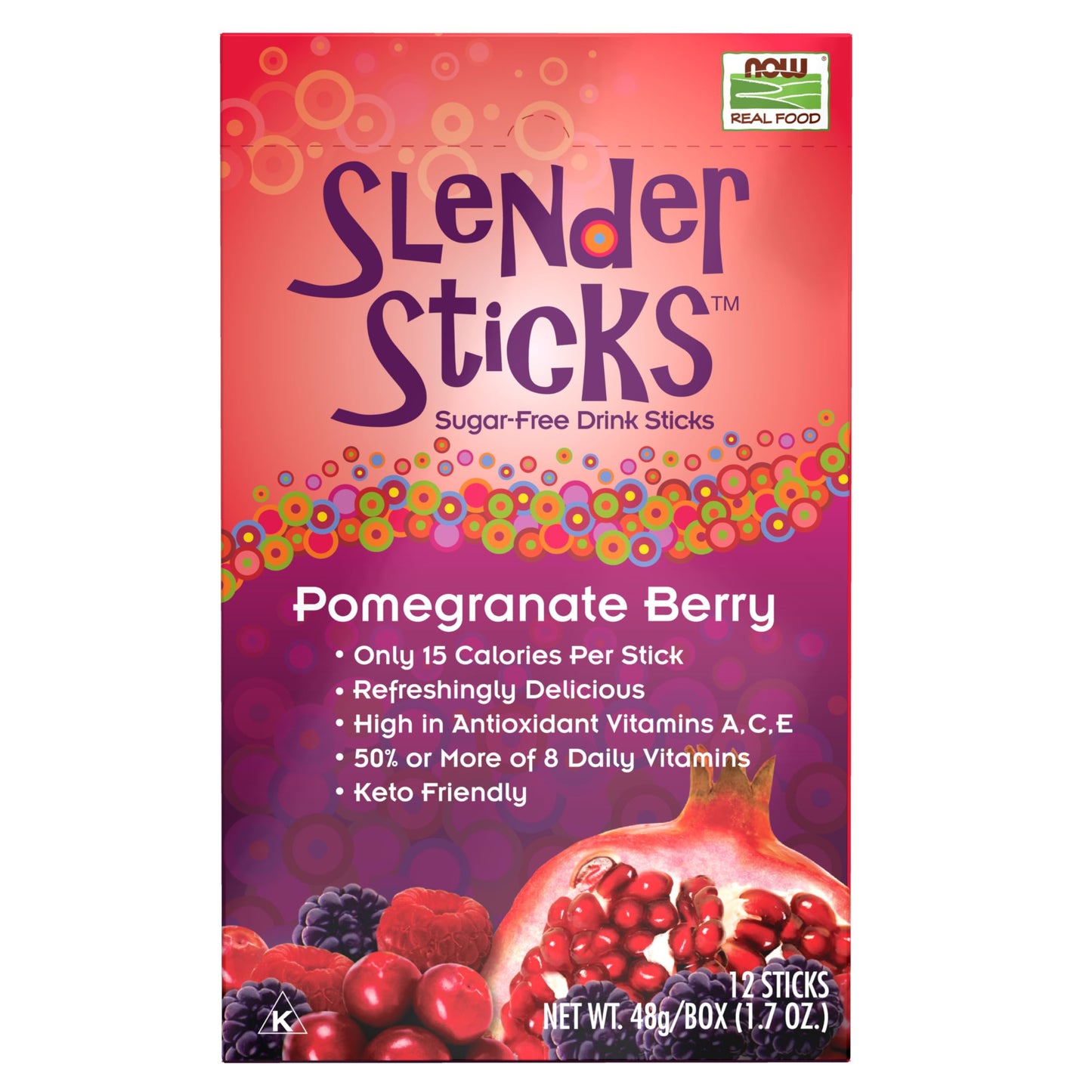 Now Foods, Slender Sticks, Pomegranate Berry, 15 Calories Per Stick, Refreshingly Delicious, With Antioxidant Vitamins A,C, E, 1