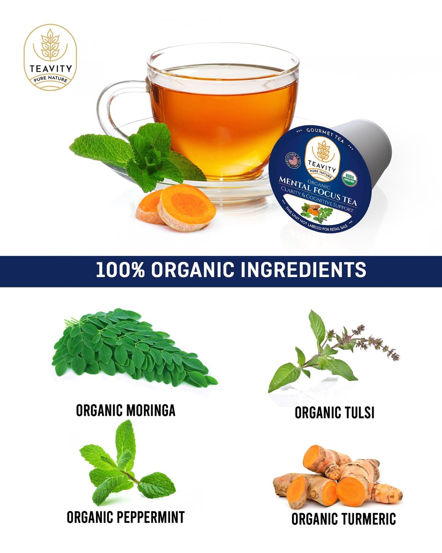 Organic Tea Pods With Moringa, Peppermint, Holy Basil & Turmeric - Naturally Decaf Tea - Mental Focus By Teavity (36 Tea Pods)