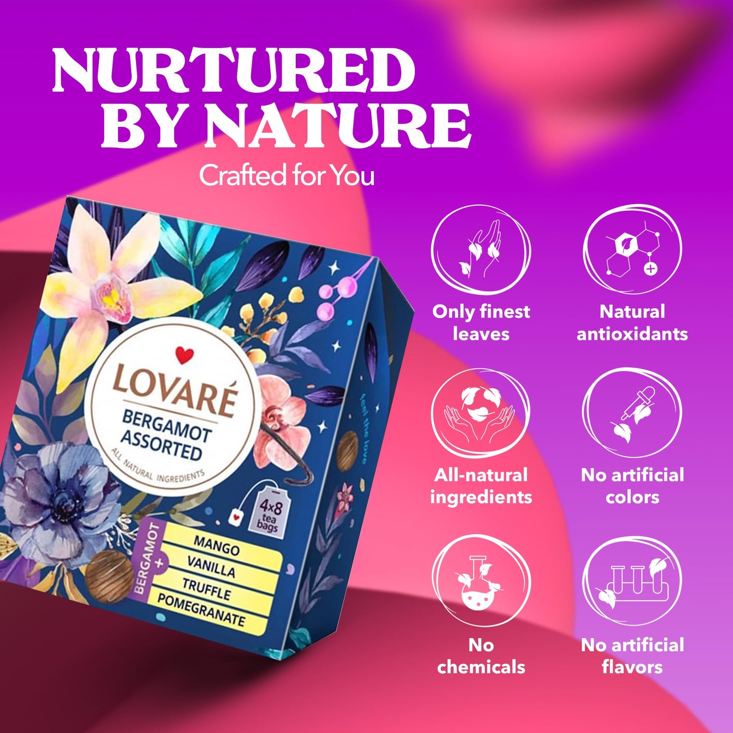 Lovare Bergamot Assorted Tea Variety Pack 32 Pack, 4 Tastes - Made In Ukraine - Black Tea Bags Individually Wrapped - Assorted T