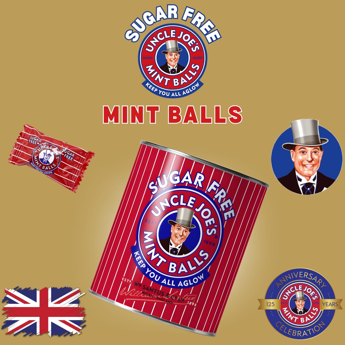 Uncle Joes Sugar Free Mint Balls | British Hard Candy Tins | Hand Cooked on Open Fires | Gluten-Free & Vegan | Individually Wra