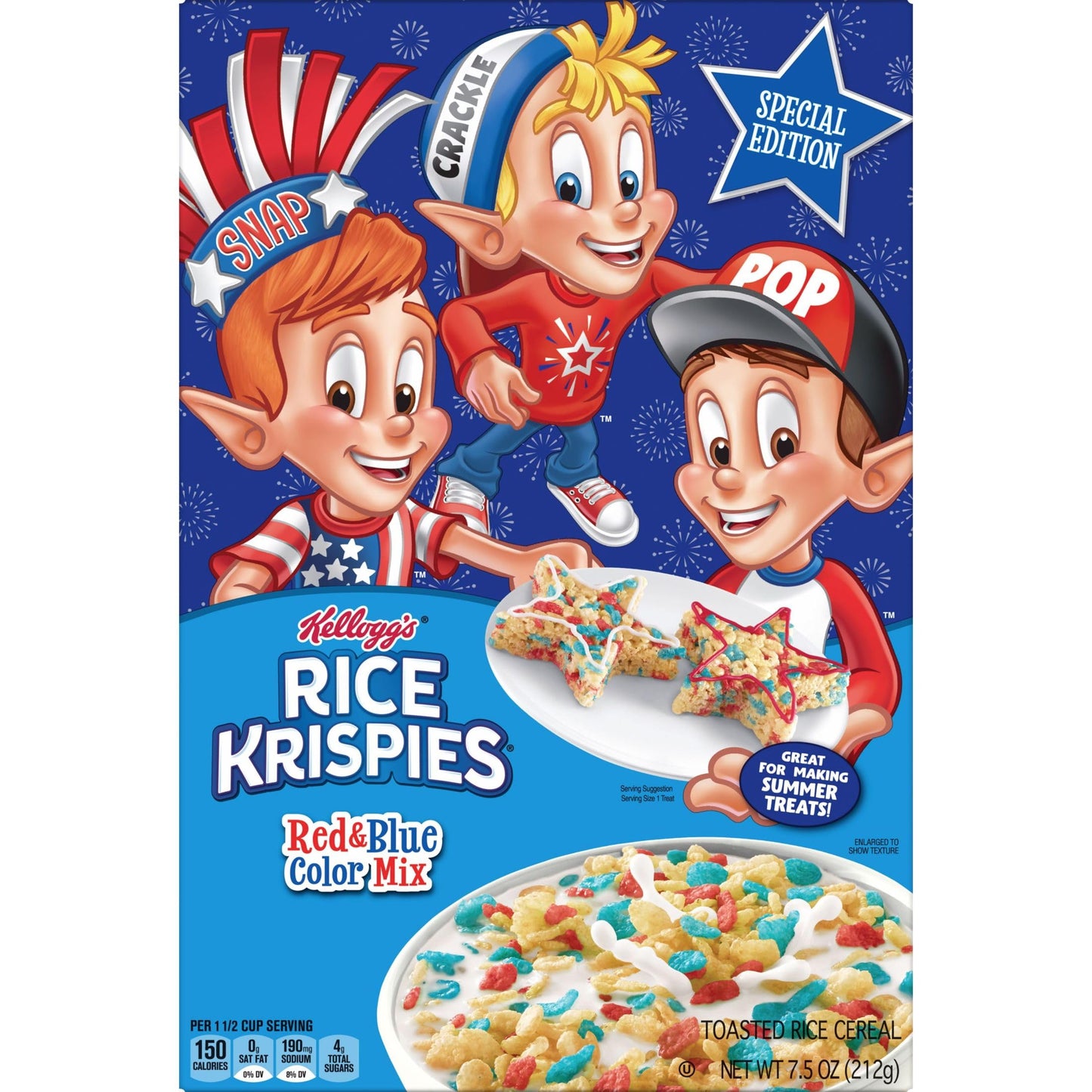 Kelloggs Rice Krispies Breakfast Cereal, Summer Snacks, Family Breakfast, Red and Blue Color Mix, 7.5oz Box (1 Box)