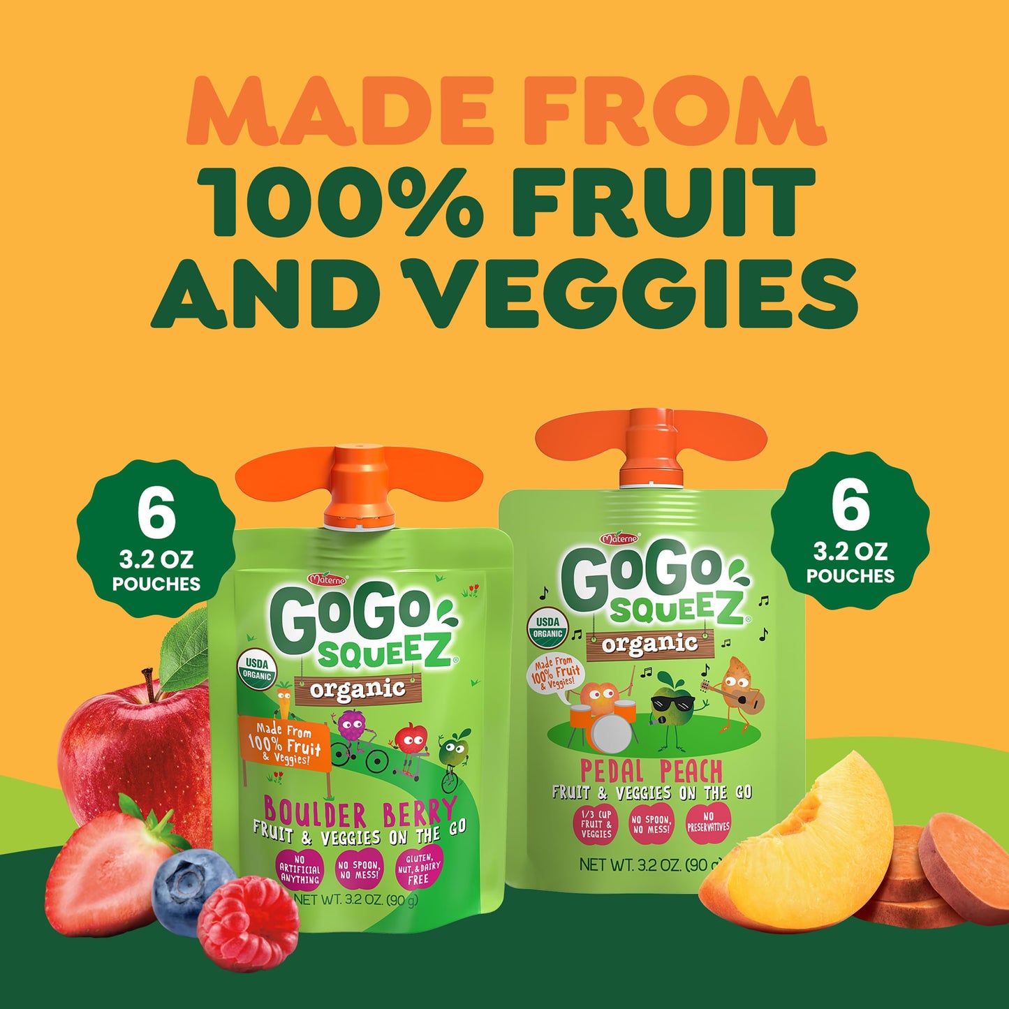 GoGo squeeZ Organic Fruit & veggieZ Applesauce and Puree Variety Pack, Pedal Peach and Boulder Berry, 3.2 oz (Pack of 12), Unswe