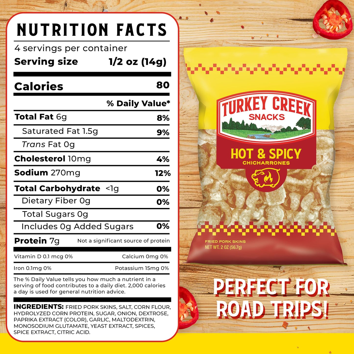 Turkey Creek Hot & Spicy Chicharrones, Fried Pork Rinds - Spicy Flavored Pork Skins - Low Carb, Gluten-Free, Protein Snack - 2oz