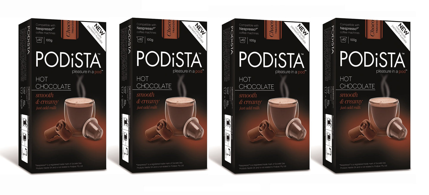 Podista Hot Chocolate Nespresso Compatible Capsules - Smooth & Creamy - 40 Pods (4 Boxes) - 10 Count Each
