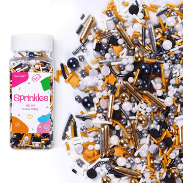 Black Sprinkles for Cake Decorating, 3.52oz Graduation Candy Sprinkles, Metallic Gold and Silver Sprinkles, Cupcake Sprinkles, B