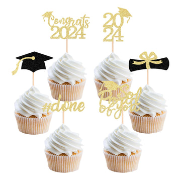 Gexolenu 36 Pcs Class Of 2024 Graduation Cupcake Toppers, Gold Glitter Double-Sided Grad Cap Cake Toppers For Graduation Party S
