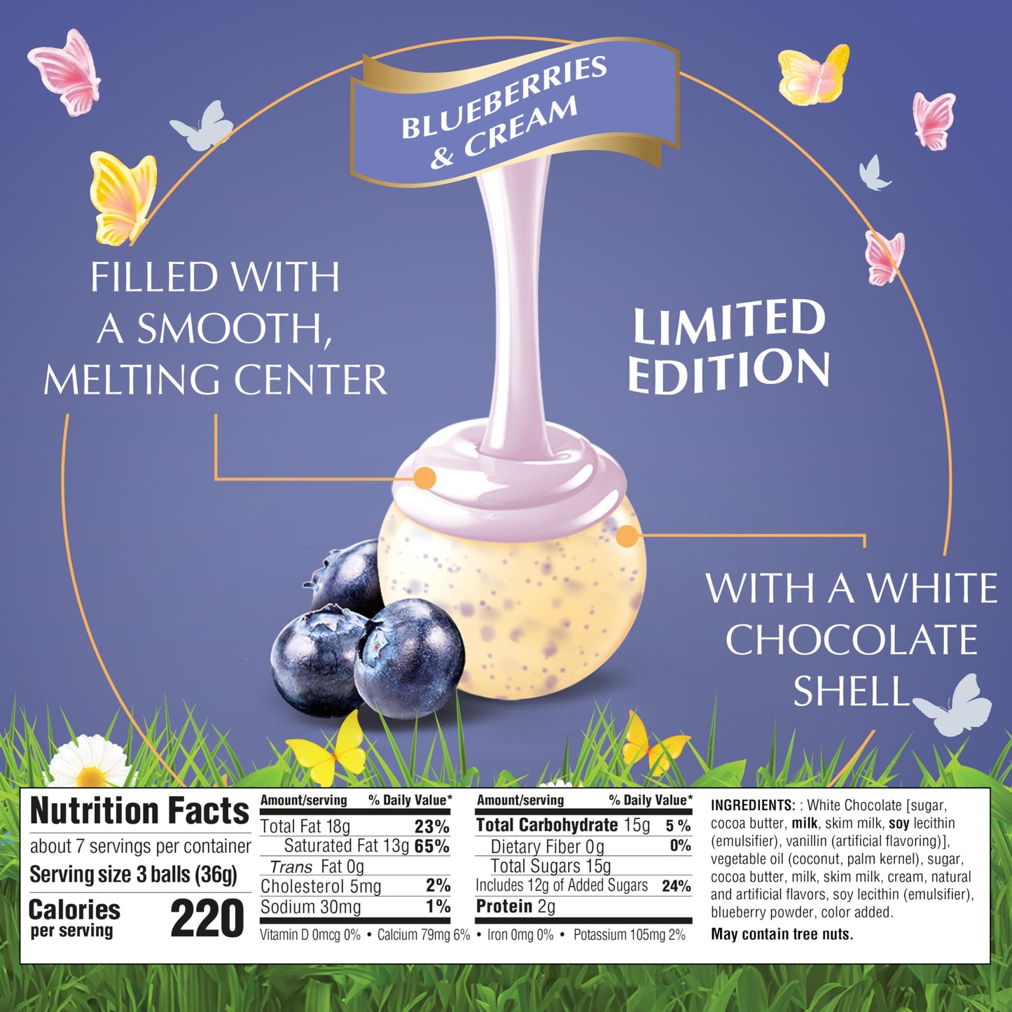 Lindt Lindor Blueberries & Cream White Chocolate Candy Truffles, White Chocolate Candy With Blueberries And Cream Truffle Filling, 8.5 Oz. Bag